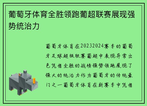 葡萄牙体育全胜领跑葡超联赛展现强势统治力