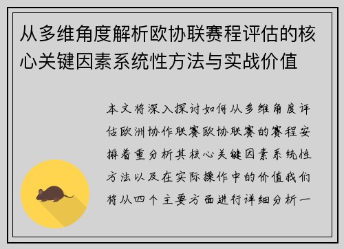 从多维角度解析欧协联赛程评估的核心关键因素系统性方法与实战价值