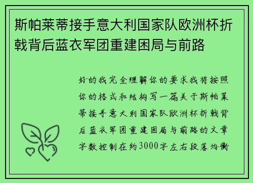 斯帕莱蒂接手意大利国家队欧洲杯折戟背后蓝衣军团重建困局与前路